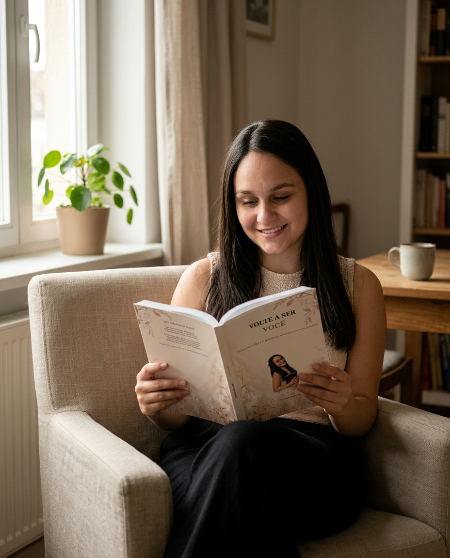 Thaiza Oliveira sentada lendo o livro Volte a Ser Você